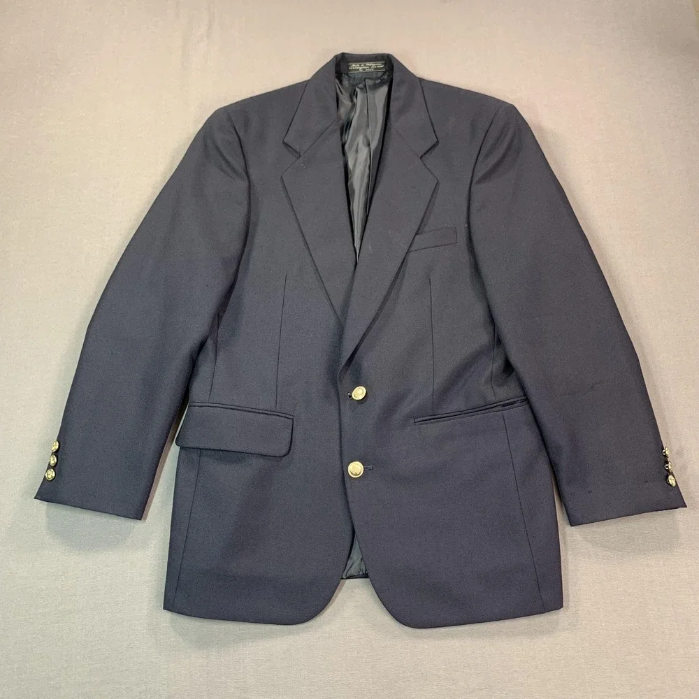 Bert Pulitzer Blazer Mens 38R Blue Polyester‎ Wool Gold Button Sport Coat Jacket